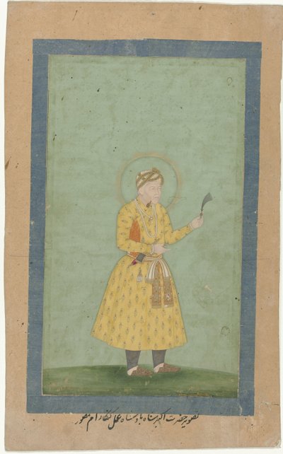 立っているアクバルの肖像画、羽毛のプルームを手に 作： Gangaram (attributed to)