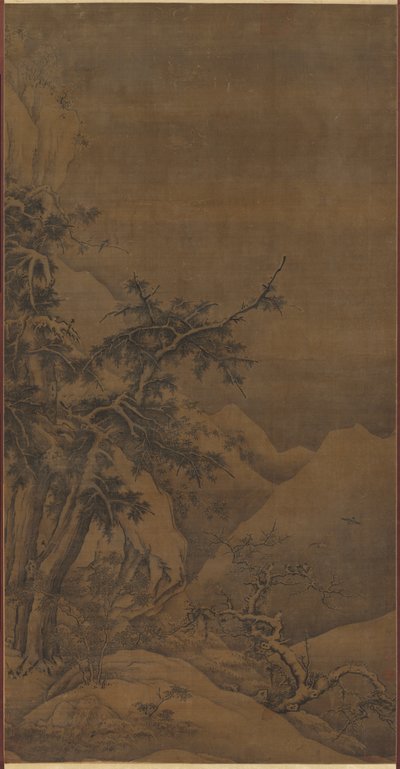 1100 年代の山岳地帯の冬の風景の中の木立の中の鳥。 作： Gao Tao