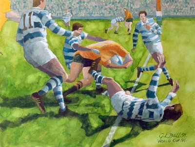 ラグビーの試合：オーストラリア対アルゼンチン、1991年のワールドカップ（WC） 作： Gareth Lloyd Ball