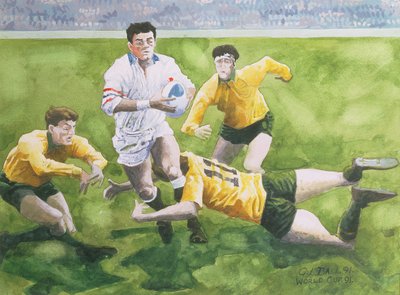 ラグビーマッチ：イングランド対オーストラリアワールドカップ決勝戦、1991年、ウィルカーリングが取り組む（WC） 作： Gareth Lloyd Ball