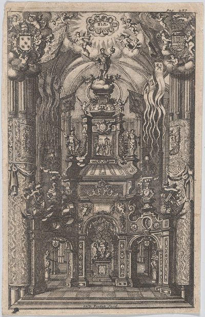 正体不明の本からのフェルディナンドのカタファルク、約。 1660-95。 作： Gaspar Bouttats