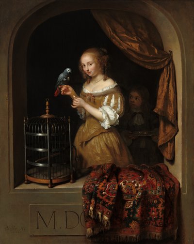 オウムに餌をやる女性、ページ付き、1666年。 作： Gaspar Netscher