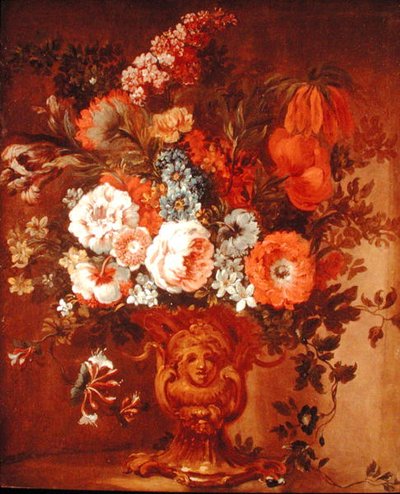 バラ、ポピー、スイカズラ、ストックなどの花を彫刻した花瓶（油彩・キャンバス） 作： Gaspar Peeter The Elder Verbruggen