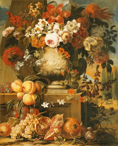 果物と台座の骨壷の花、 作： Gaspar Pieter II Verbruggen