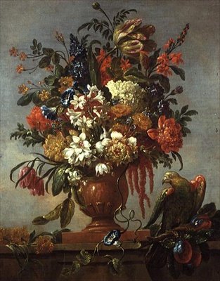 壷の花の静物画、赤いオウムを添えて 作： Gaspar Pieter II Verbruggen