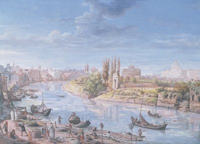 遠くにサンピエトロ大聖堂とサンアンジェロ城があるローマの景色、1685年 作： Gaspar van Wittel