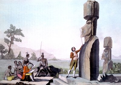 ラ ペルーズと乗組員、イースター島 (1786 年) の彫像を測定、彫刻 作： Gaspard (after) Duche de Vancy