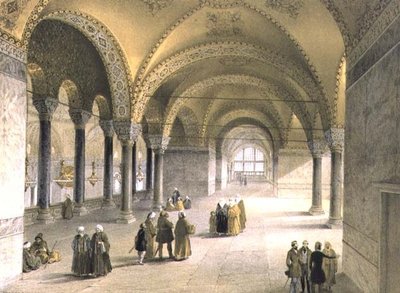 アヤソフィア、プレート13：ギャラリーの中心部、ルイ・ハーゲ（1806-85）の彫刻、1852年に出版（リトグラフ）。 作： Gaspard (after) Fossati