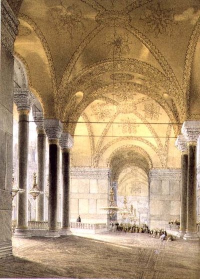 アヤソフィア、プレート7：身廊への入り口、ルイ・ハーゲ（1806-85）の彫刻、1852年発行（リトグラフ）。 作： Gaspard (after) Fossati