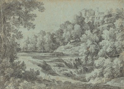 要塞と滝のあるイタリアの風景 作： Gaspard Dughet