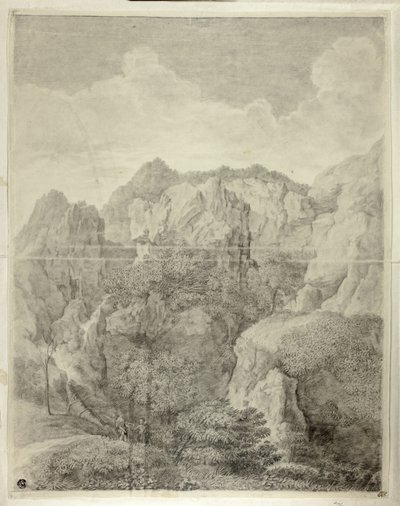前景に二人の人物のいる山の風景 作： Gaspard Dughet