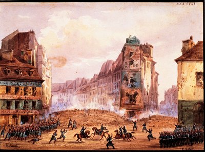 1848 革命のシーン、2 月のカルチャー サント カトリーヌ通りのバリケード、フランス、ゴボー作 作： Gaspard Gobaut