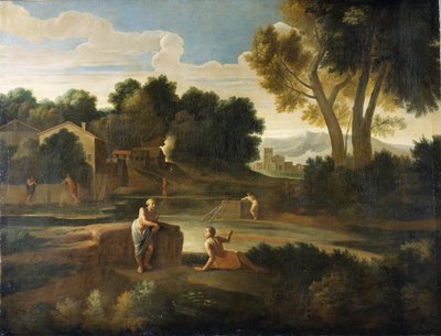 人物のいる古典的な風景（油彩・キャンバス 作： Gaspard Poussin Dughet
