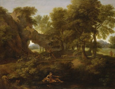 漁師、羊飼いと他の人物のいる風景 作： Gaspard Poussin Dughet