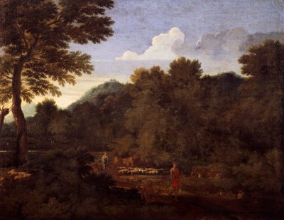 羊の群れのある風景」ガスパール・デュゲ（1615-1675）作、油彩・キャンバス、50x66cm。 作： Gaspard Poussin Dughet