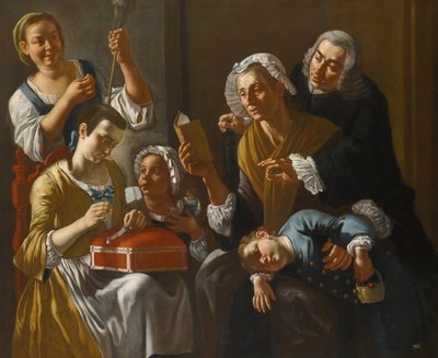 La lecon de couture - The Sewing Lesson par Traversi, Gaspare (1732-1769).油彩・キャンバス、サイズ：131x158、1760年頃、個人蔵 作： Gaspare Traversi