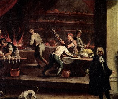 台所で働くヴェネツィアの料理人たち 詳細 - ガスパーレ・ディジャーニ（1698-1767）の作品とされる絵画、料理人の芸術（Arte dei cuochi）のアンサイン ヴェネツィア、Museo Correr 作： Gasparo Diziani