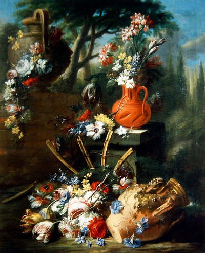 テラコッタの鉢に入った花の静物画（油彩・キャンバス） 作： Gasparo Lopez