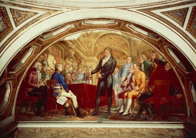 アレッサンドロ・ボルタ (1745-1827) は、11 月 7 日、パリのフランス学士院でナポレオン (1769-1821) に彼の新しく発明した電池を展示しています。 作： Gaspero Martellini