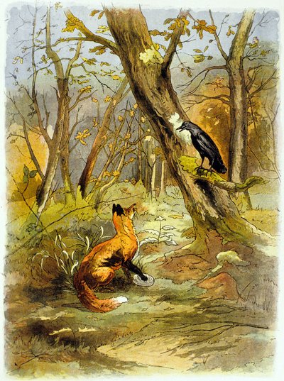 ラ・フォンテーヌの寓話「カラスとキツネ」（イラスト、1900年頃 作： Gaston Gelibert