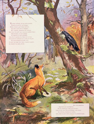 カラスとキツネ、寓話、ジャン・ド・ラ・フォンテーヌ作（1621-95）（カラー彫刻） 作： Gaston Gelibert
