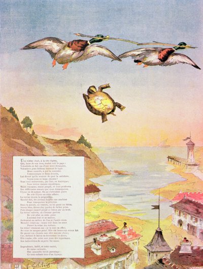 亀と二羽のカモ、寓話のジャン・ド・ラ・フォンテーヌ作（1621-95）1888（カラー彫刻） 作： Gaston Gelibert