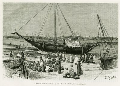 ザンジバル（タンザニア）の市場にあるテペ。1882年と1883年にG.Revoilが執筆した「Voyage among the Benadirs, Somalis and Bayouns」をG.Vuillierが描いたもので、Edouard Charton (1807-1890)が監督した「le tour du monde 1888」に収録されている。 作： Gaston Vuillier