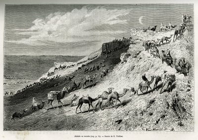 キャラバン隊のラクダを並べるアカバ。1878年から1879年にかけて、アンナ・ブラント夫人が、エドゥアール・シャルトン（1807-1）の指揮の下、『Tour du monde』誌に掲載した「pelerinage au Nedjed, cradle of the Arab race」という物語を説明するために、G.Vuillierが描いた版画。 作： Gaston Vuillier