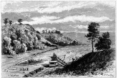 パナマ運河の建設-パナマ地峡の貫通：モンキー・ヒルの掘削機現場の全景。1882年4月29日付の "Le Monde Illustre "1309号に掲載されたヴュイリエの版画。 作： Gaston Vuillier