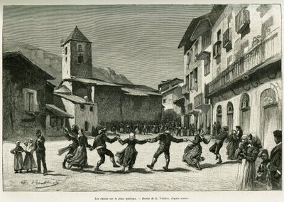 公共の広場でのダンス。エドワード・シャルトン（1807-1890）監督の『le tour du monde 1888』に収録されているガストン・ヴイリエ作『Le val d