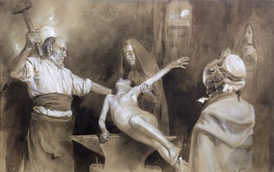 脾臓をハンマーで打つ（鉛筆と紙の上で洗う） 作： Gaston Vuillier
