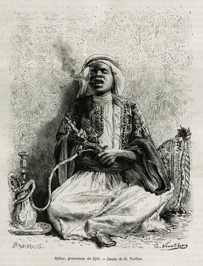 ナルガイルを吸っているジョハールの肖像。G.Vuillierによる、Ladによる "pelerinage au Nedjed, cradle of the Arab race "の物語を説明するためのエングレーヴィング。 作： Gaston Vuillier