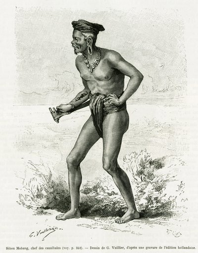 人食い人種の首領、シボウ・モバン。カール・ボックの「De Koutei a Bandjirmasin, voyage through Borneo」の挿絵としてG.Vuillierが描いたもので、Edouard Charton (1807-1890)監督の「le tour du monde 1890」に収録されている。 作： Gaston Vuillier