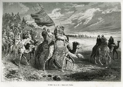 イブン・アル・ラシッド首長（1872〜1890年）の旗「ベラク」（サウジアラビア）。1878年から1879年にTour du monde誌に掲載された、アンナ・ブラント夫人による「アラブ民族発祥の地、ネジェッドのペレリネージ」という物語を説明するために、G.Vuillierが作成した版画。 作： Gaston Vuillier