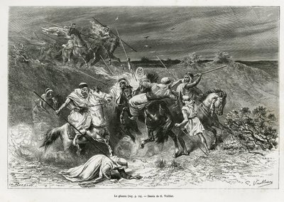手を使って略奪するガズー（ラツィア）。1878年から1879年にかけて、アンナ・ブラント夫人が、エドゥアール・シャルトン（1807～）の指揮の下、『Tour du monde』誌に掲載した「アラブ民族発祥の地、ネジェッドでのペレリネージ」という物語を説明するために、G.Vuillierが描いた版画。 作： Gaston Vuillier
