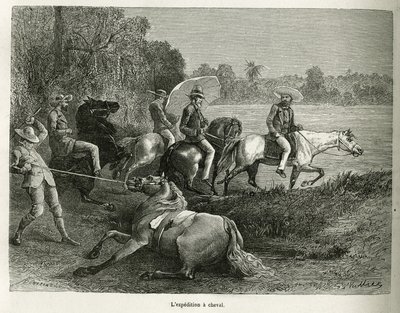 フランス海軍の医師ジュール・クレヴォーが1878年から1879年にかけて『tour du monde』誌に掲載したDe Cayenne aux Andesの物語を説明するための、G.Vuillierの図面に基づくエングレーヴィング（テラブルの谷を探検するための馬上の探検）。 作： Gaston Vuillier