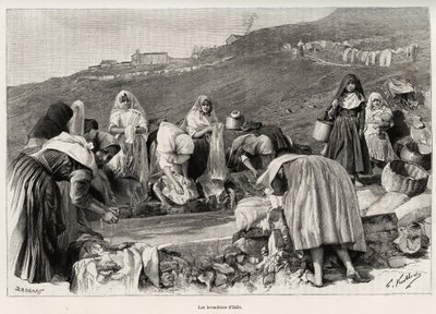 オシロ（イタリア）のラベンダー、洗面器の周りに集まる女性たち。1890年、ガストン・ヴュイリエ（1845-1915）によるエングレーヴィングと物語「ラ・サルデーニュ」、エドゥアール・シャルトン（1807-1890）の指揮による『Le tour du monde, nouveau journal des voyages』第2期に掲載された。 作： Gaston Vuillier