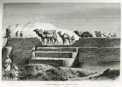 アブダラの貯水池（サウジアラビア）。1878年から1879年にかけて、アンナ・ブラント夫人が、エドゥアール・シャルトン（1807-18）の指揮の下、『Tour du monde』誌に掲載した「アラブ民族発祥の地、ネジェドのペレリナージュ」という物語を説明するために、G.Vuillierが描いた版画。 作： Gaston Vuillier