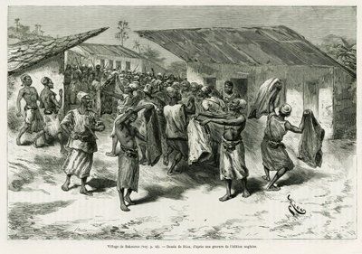 和平交渉のためにプレゼントを差し出されるバクルー村の先住民たち。Dans les tenebres de l
