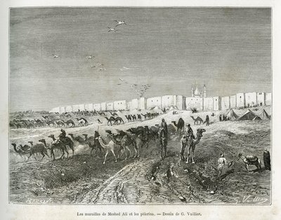 ナジャフ（イラク）のモスクにあるメシェド・アリ（アリ・イブン・アビ・タリブ、661年没、ムハンマド（570〜632年）の従兄弟、弟子、義理の息子）の壁には、すべてのイマームの最初の、そして父であるイマームを祝うためにペレリンが集まっている。G.Vuillierによるエングレーヴィング、to il 作： Gaston Vuillier