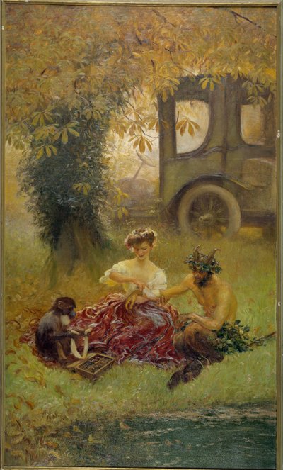 猿に助けられた若い女性が野生動物を癒す（絵画 作： Gaston de la Touche