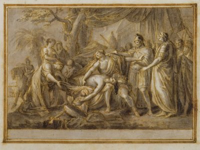 パトロクロスの死を嘆くアキレス、1760-63（ペンとインク、紙の上で洗う） 作： Gavin Hamilton