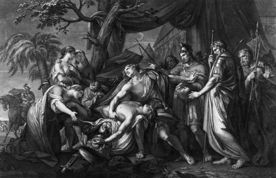 アキレスはドメニコ・クネゴによって彫刻されたパトロクロスの死を嘆く、1764年 作： Gavin Hamilton