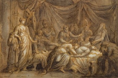 アンドロマケ、ヘクターの死を悼む、1760-63（ペンとインクで紙の上を洗う） 作： Gavin Hamilton