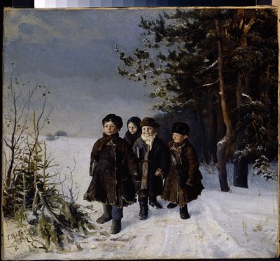 学校から戻る - Gavriil Fyodorovich Rybakov (1859-?) による絵画、キャンバスに油彩 作： Gavriil Fyodorovich Rybakov
