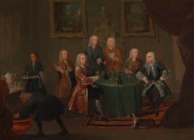 1730 年から 1735 年にかけて、クラーク兄弟と他の紳士たちがワインを飲んでいます。 作： Gawen Hamilton