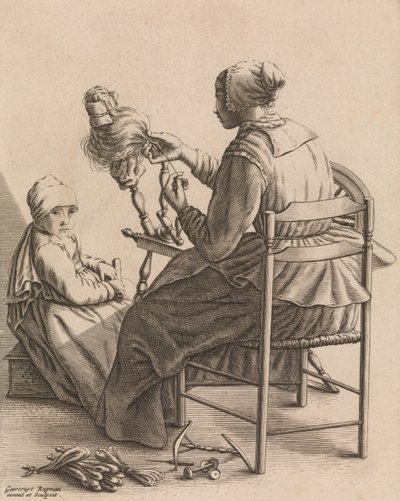 糸を紡ぐ女、「5 つの女性の職業」からのプレート 4。 1640-57。 作： Geertruydt Roghman