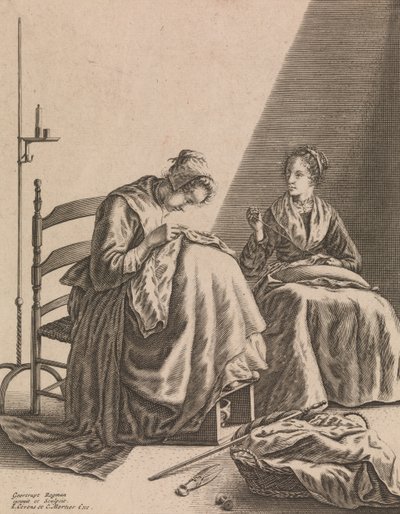 裁縫をする 2 人の女性、「5 つの女性の職業」からのプレート 1、約 1640-57。 作： Geertruydt Roghman