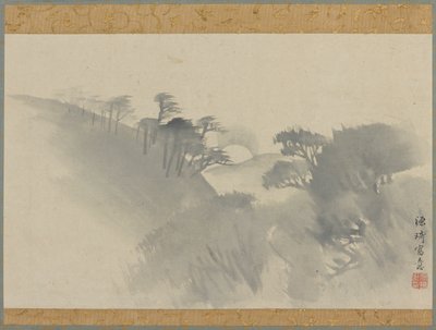 丘、木々、月の出のある風景、江戸時代、1747～1868年。 作： Genki