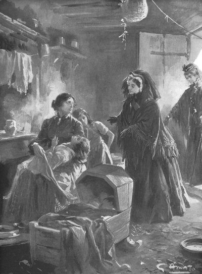 「ビクトリア女王と貧しい人々: コテージの家を訪れる女王陛下」、1901 年。 作： Gennaro Amato